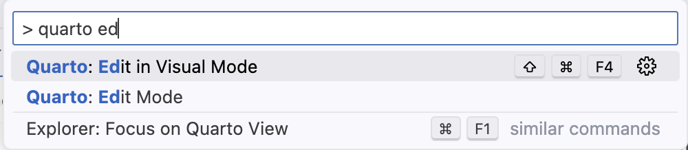 The command palette with the Edit in Visual Mode command highlighted.