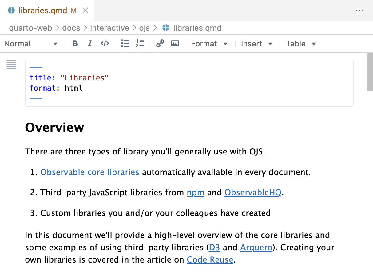 Positron with a document called `libraries.qmd` open in visual editing mode. The subtitle and list of items are typeset. The visual editing toolbar is visible at the top of the document.